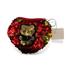 Sequin Teddy Bear Coin Purse Pouch Keyring Red and Gold